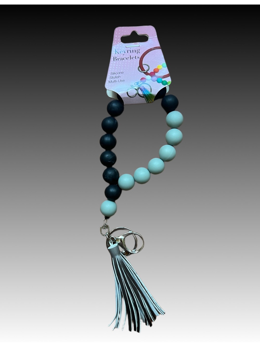 Beaded Wrist Keyring with Tassel - Black & Grey